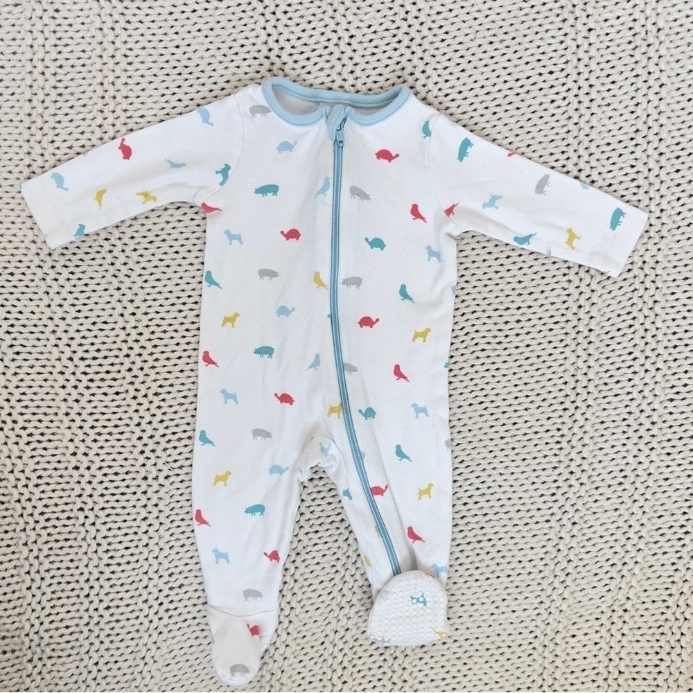 Baby Boden White and Blue Animal Footie One Piece with Zipper Size 3-6 Months